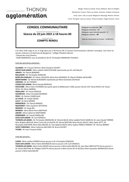 22 Juin 2021 À 18 Heures 00 Délégués Votants : 49 ______Date De Convocation Du Conseil : 15/06/2021 COMPTE RENDU