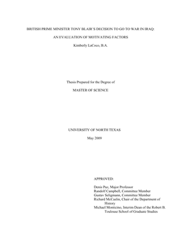 British Prime Minister Tony Blair's Decision to Go to War in Iraq
