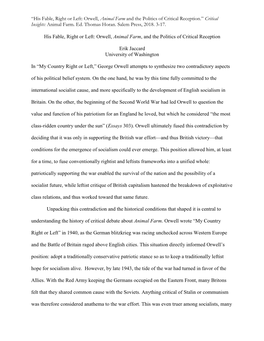 His Fable, Right Or Left: Orwell, Animal Farm and the Politics of Critical Reception.” Critical Insights: Animal Farm