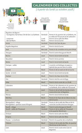 CALENDRIER DES COLLECTES [ À Partir Du Lundi 22 Octobre 2018 ]