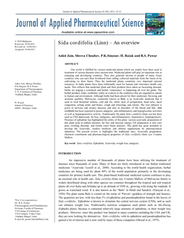 Sida Cordifolia (Linn) – an Overview Revised On: 14-04-2011 Accepted: 18-04-2011