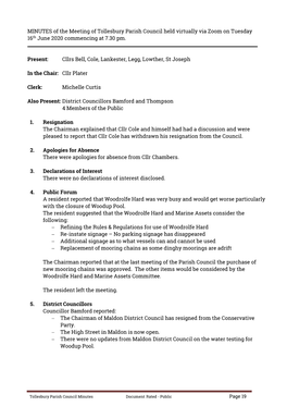 MINUTES of the Meeting of Tollesbury Parish Council Held Virtually Via Zoom on Tuesday 16Th June 2020 Commencing at 7.30 Pm