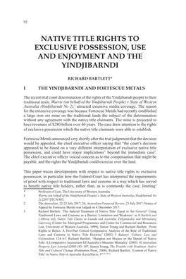 Native Title Rights to Exclusive Possession, Use and Enjoyment and the Yindjibarndi