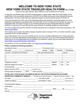 NEW YORK STATE TRAVELER HEALTH FORM Rev