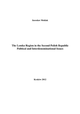 The Lemko Region in the Second Polish Republic Political and Interdenominational Issues