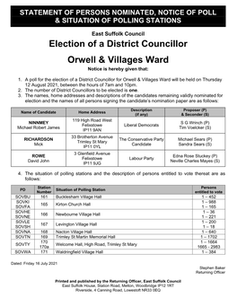 Election of a District Councillor Orwell & Villages Ward