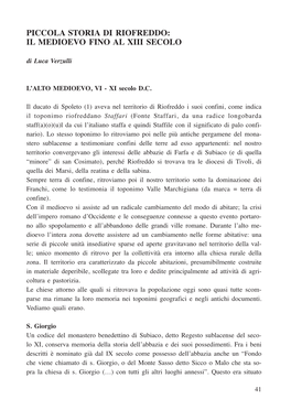 PICCOLA STORIA DI RIOFREDDO: IL MEDIOEVO FINO AL XIII SECOLO Di Luca Verzulli