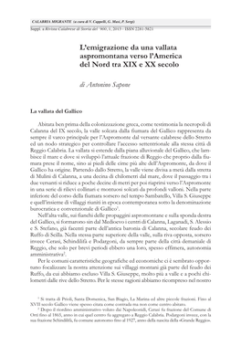 L'emigrazione Da Una Vallata Aspromontana Verso L'america Del