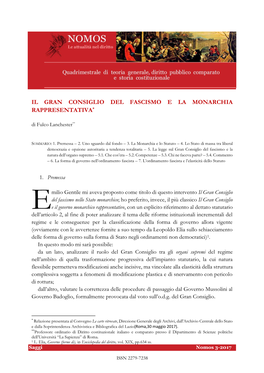 Il Gran Consiglio Del Fascismo E La Monarchia Rappresentativa*