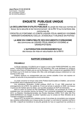 ENQUETE PUBLIQUE UNIQUE Relative À