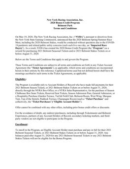 New York Racing Association, Inc. 2020 Bonus Credit Program Belmont Park Terms and Conditions