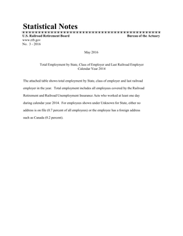 Total Employment by State, Class of Employer and Last Railroad Employer Calendar Year 2014
