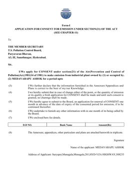 Form-I APPLICATION for CONSENT for EMISSION UNDER SECTION(21) of the ACT (SEE CHAPTER-11)