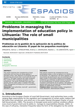 Problems in Managing the Implementation of Education Policy in Lithuania: the Role of Small Municipalities