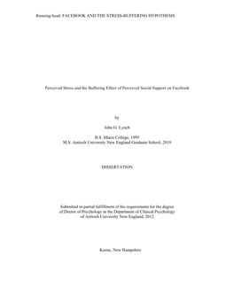 FACEBOOK and the STRESS-BUFFERING HYPOTHESIS Perceived Stress and the Buffering Effect of Perceived Social Support