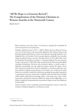 The Evangelization of the Ottoman Christians in Western Anatolia in the Nineteenth Century Merih Erol*