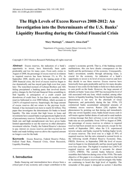 The High Levels of Excess Reserves 2008-2012: an Investigation Into the Determinants of the U.S