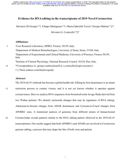 Evidence for RNA Editing in the Transcriptome of 2019 Novel Coronavirus