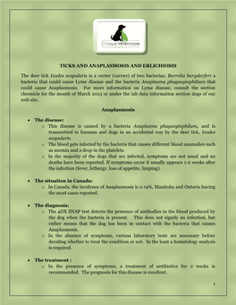 TICKS and ANAPLASMOSIS and ERLICHIOSIS the Deer Tick Ixodes