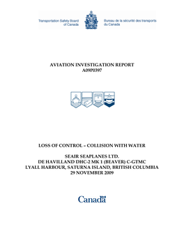 Aviation Investigation Report A09p0397 Loss of Control