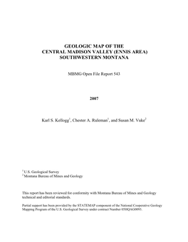 Geologic Map of the Central Madison Valley (Ennis Area) Southwestern Montana