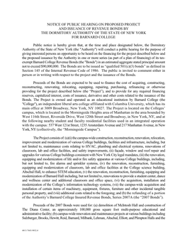 Notice of Public Hearing on Proposed Project and Issuance of Revenue Bonds by the Dormitory Authority of the State of New York for Barnard College