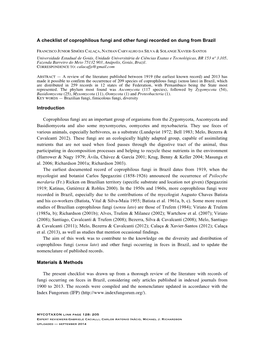 A Checklist of Coprophilous Fungi and Other Fungi Recorded on Dung from Brazil Introduction Coprophilous Fungi Are an Important