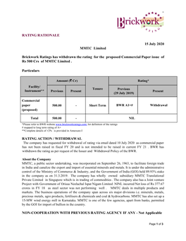 RATING RATIONALE 15 July 2020 MMTC Limited Brickwork Ratings