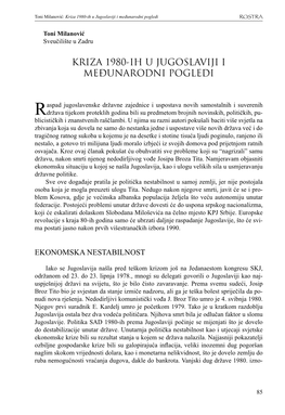 Kriza 1980-Ih U Jugoslaviji I Međunarodni Pogledi ROSTRA