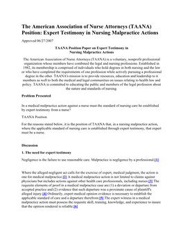 TAANA Position: Expert Testimony in Nursing