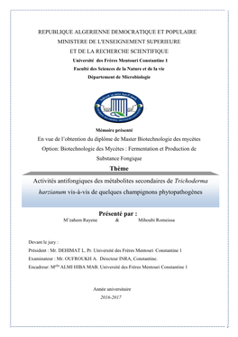 Activités Antifongiques Des Métabolites Secondaires De Trichoderma Harzianum Vis-À-Vis De Quelques Champignons Phytopathogènes