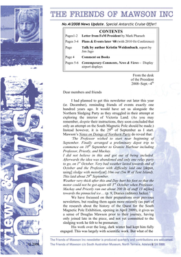 CONTENTS Pages1-2 Letter from Fom President by Mark Pharaoh Pages 3-4 Plans & Events Later ‘08 (With 2010 Oz Conference)