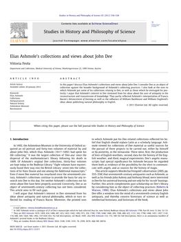 Elias Ashmole's Collections and Views About John