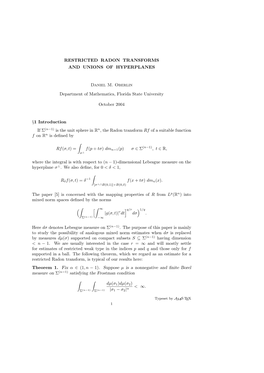 Restricted Radon Transforms and Unions of Hyperplanes