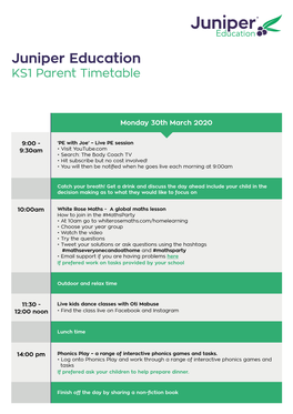 Juniper Education KS1 Parent Timetable