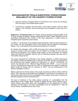 Eeb Inaugurates Tesalia Substation, Strengthening Realiability of the Country’S Power System