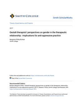 Gestalt Therapists' Perspectives on Gender in the Therapeutic Relationship : Implications for Anti-Oppressive Practice