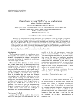 Effect of Super Cyclone “GONU” on Sea Level Variation Along Iranian