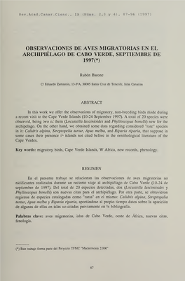 Observaciones De Aves Migratorias En El Archipiélago De Cabo Verde