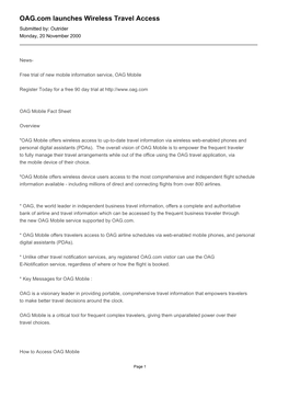 OAG.Com Launches Wireless Travel Access Submitted By: Outrider Monday, 20 November 2000