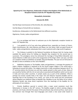 Speech by H.E. Venu Rajamony, Ambassador of India to the Kingdom of the Netherlands on Reception Hosted to Mark the 70Th Republic Day of India
