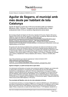 Aguilar De Segarra, El Municipi Amb Més Deute Per Habitant De Tota