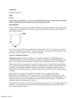 ANTIZOL® (Fomepizole) Injection Sterile Rx Only Caution: Must Be Diluted Prior to Use