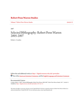 Selected Bibliography: Robert Penn Warren 2005-2007 Robin L