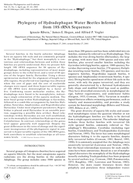 Phylogeny of Hydradephagan Water Beetles Inferred from 18S Rrna Sequences Ignacio Ribera,1 James E