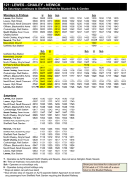 121: LEWES - CHAILEY - NEWICK on Saturdays Continues to Sheffield Park for Bluebell Rly & Garden