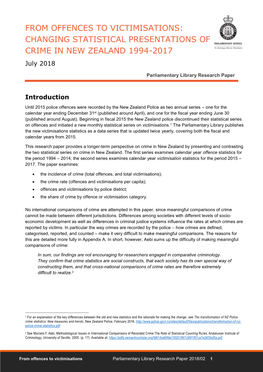 FROM OFFENCES to VICTIMISATIONS: CHANGING STATISTICAL PRESENTATIONS of CRIME in NEW ZEALAND 1994-2017 July 2018