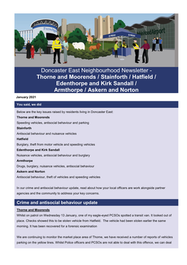 Doncaster East Neighbourhood Newsletter - Thorne and Moorends / Stainforth / Hatfield / Edenthorpe and Kirk Sandall / Armthorpe / Askern and Norton January 2021