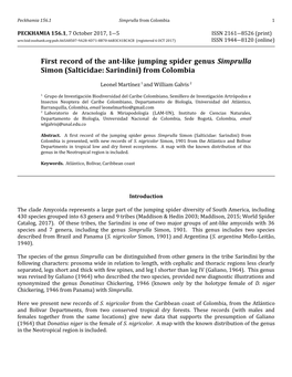 First Record of the Ant-Like Jumping Spider Genus Simprulla Simon (Salticidae: Sarindini) from Colombia