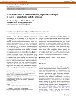 Marked Elevation of Adrenal Steroids, Especially Androgens, in Saliva of Prepubertal Autistic Children